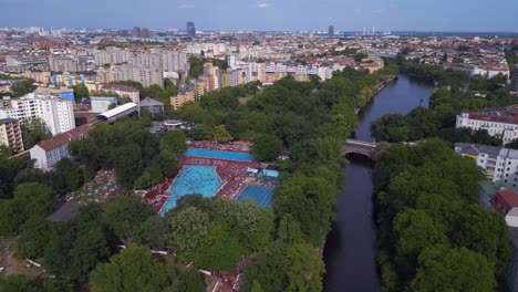 marvelous aerial top view flight public swimming pool prinzenbad, city berlin germany summer day 2023