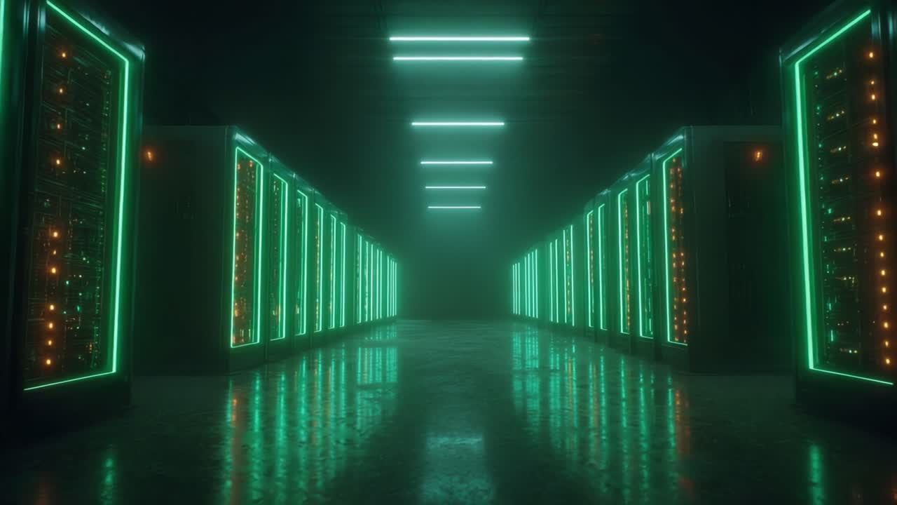 A Futuristic Data Center Featuring Rows of Glowing Servers with a High-Tech Aesthetic, Creating an Atmospheric Environment Ideal for Cloud Computing and Data Management