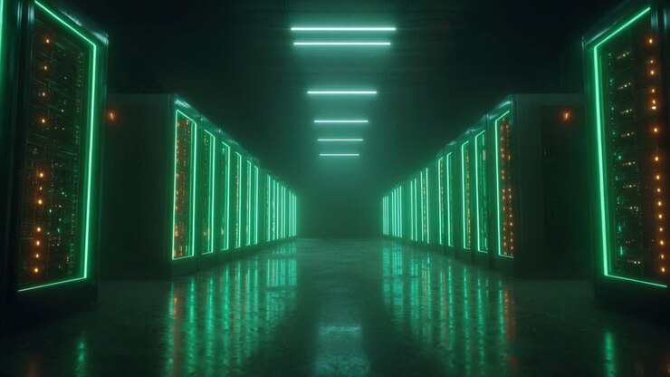 A Futuristic Data Center Featuring Rows of Glowing Servers with a High-Tech Aesthetic, Creating an Atmospheric Environment Ideal for Cloud Computing and Data Management