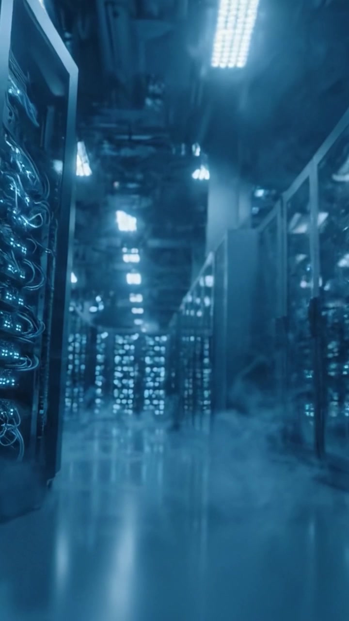 A Futuristic Data Center Corridor Flowing with Cool Blue Light and Mist, Showcasing Advanced Technology and High-Performance Servers in an Immersive Environment
