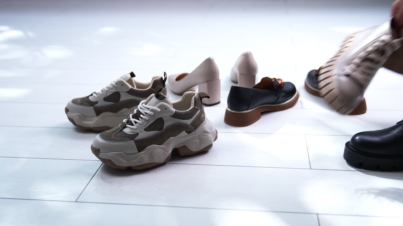 Modern footwear for different occasions on the floor put in a circle. Unrecognized woman comes and takes away shoes one by one.