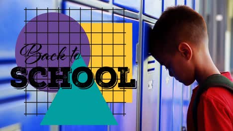 animation of back to school text over sad schoolboy