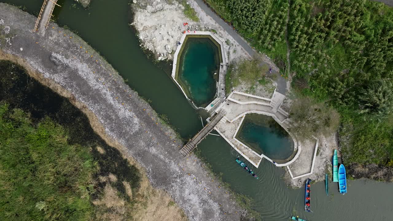 TOP DOWN VIEW OF URANDEN ISLAND WATER SPRINGS AT SUNSET NEAR PATZCUARO LAKE