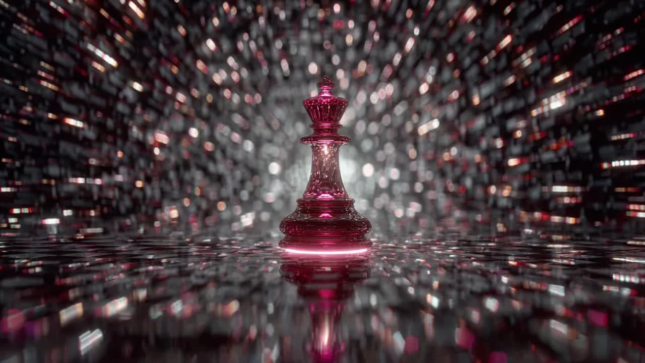 Singular red glass king chess piece standing on a reflective. Glossy chessboard. Illuminated by a neon light against a futuristic. Glittering. And blurred background representing a winning strategy
