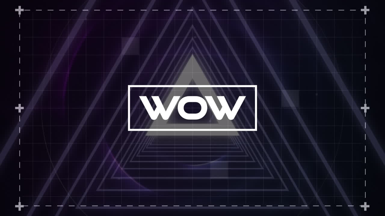 보라색 배경에 맞춰 삼각형 모양의 원활한 패턴으로 와우 텍스트 배너의 애니메이션