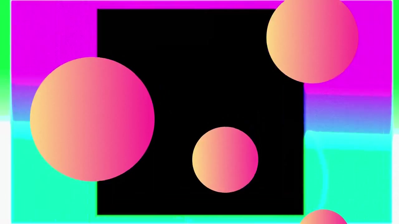 Floating orange spheres over colourful squares then black