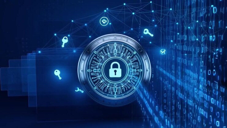 Digital Security Concept with Glowing Padlock and Data Network
