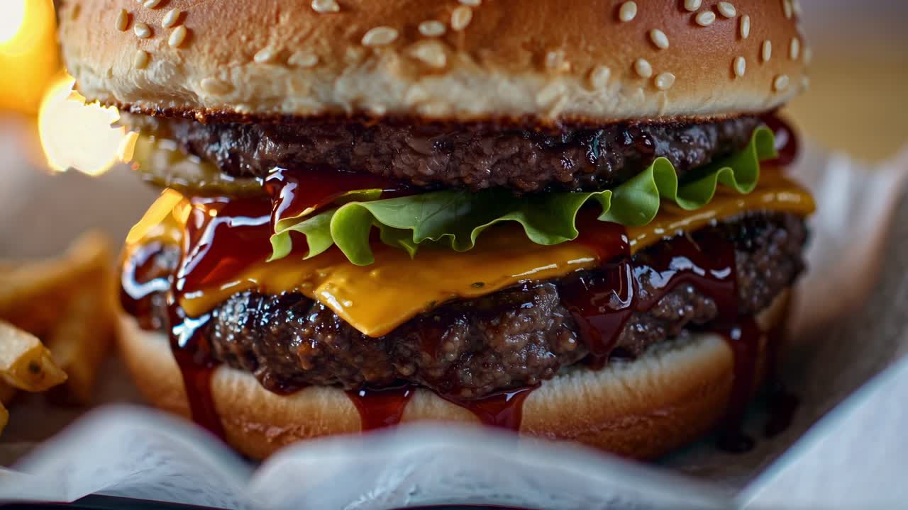 Close up of a juicy double cheeseburger with melted cheese, fresh lettuce, and barbecue sauce dripping down the sides, served with french fries and creating a tempting fast food indulgence