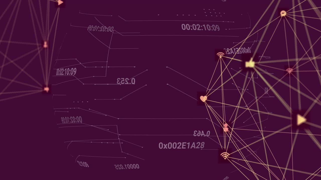 Animation of connections with icons and financial data processing on purple background