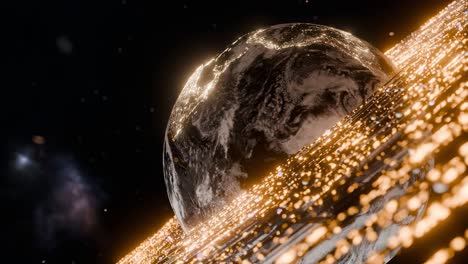 earth showing south america with yellow digital particles in outer space. include brazil, argentina, colombia. 3d rendering with night lights and energy wave. futuristic technology global connection