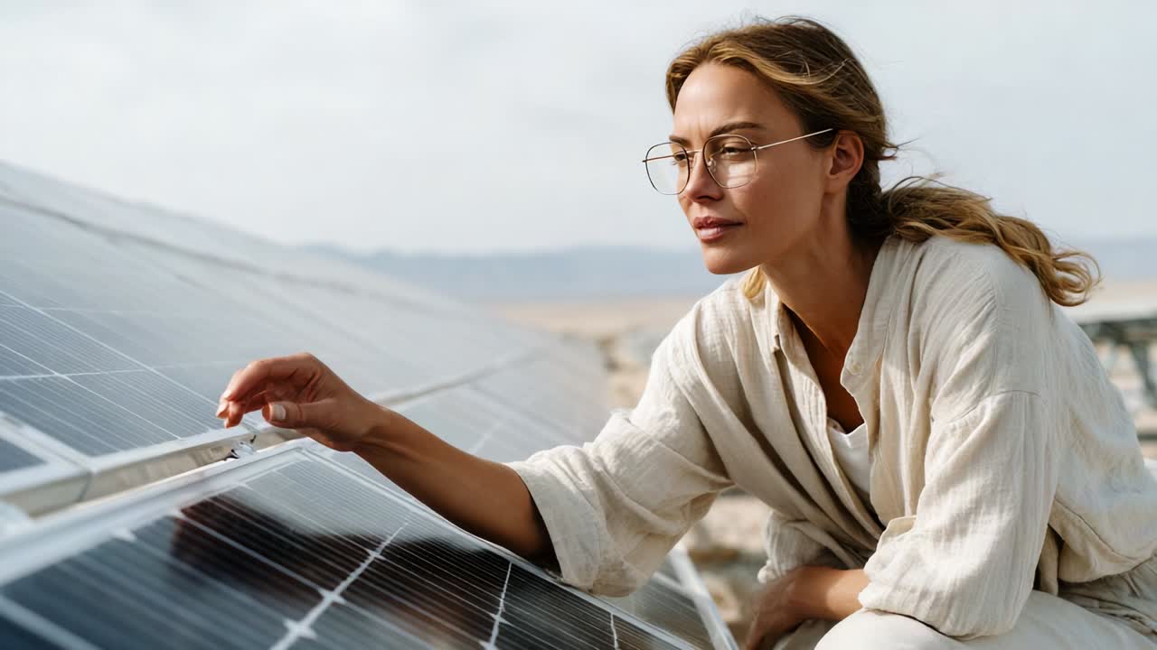 A woman actively engages with solar panels in a renewable energy environment, demonstrating a commitment to sustainability and innovation, while embodying the future of clean energy technology in a serene landscape