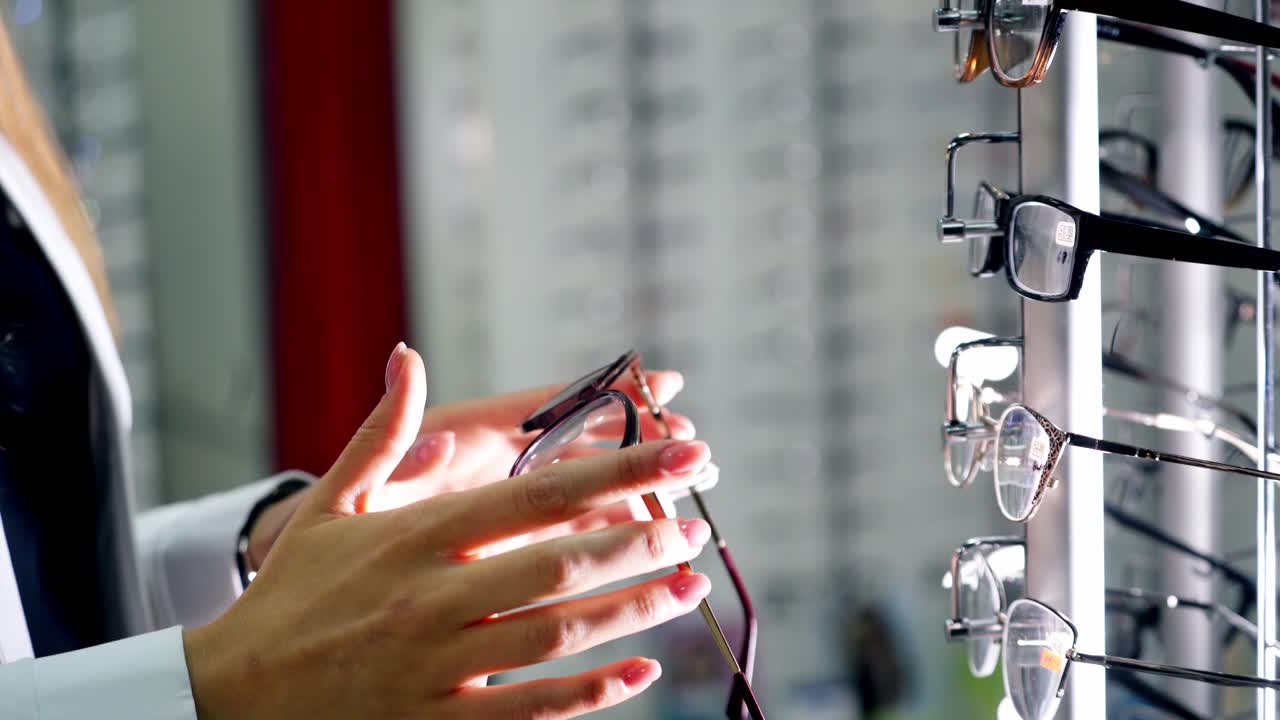 Female customer at optical store. Woman's hands taking a new pair of stylish eyeglasses from the stand. Close-up. Vision concept.