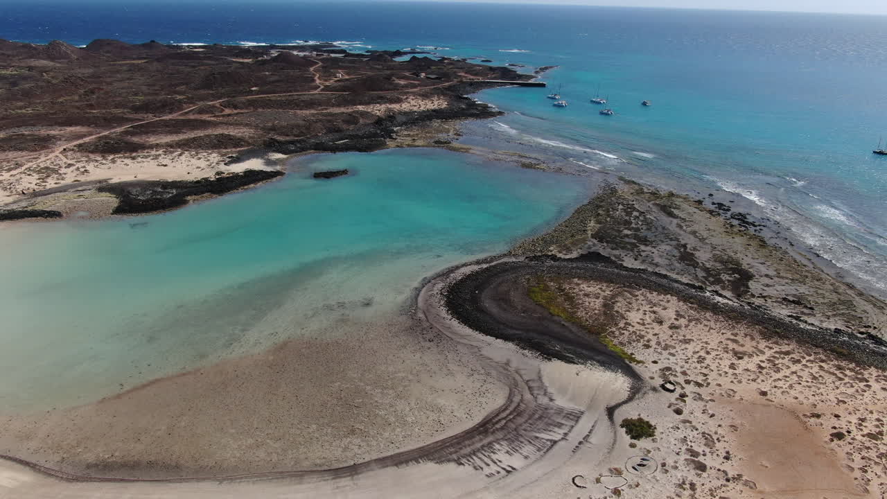Turquoise water surrounds Lobos Island in Fuerteventura, Canary Islands, Spain
