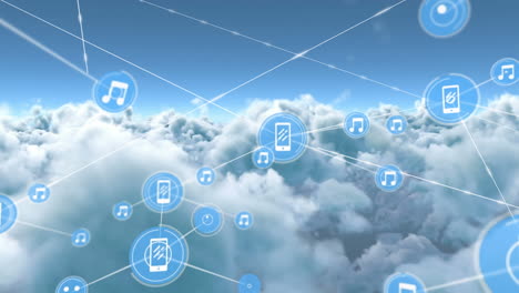 animación de la red de conexiones con iconos sobre el cielo