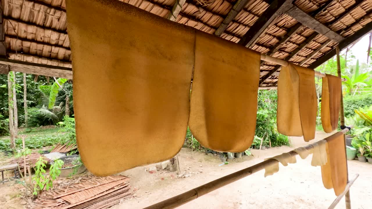 Gambar lebar lembaran karet yang dikeringkan di udara terbuka di bawah naungan sederhana, cahaya alami, lingkungan tropis