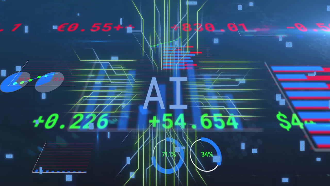 Animation of ai text and digital data processing over blue background
