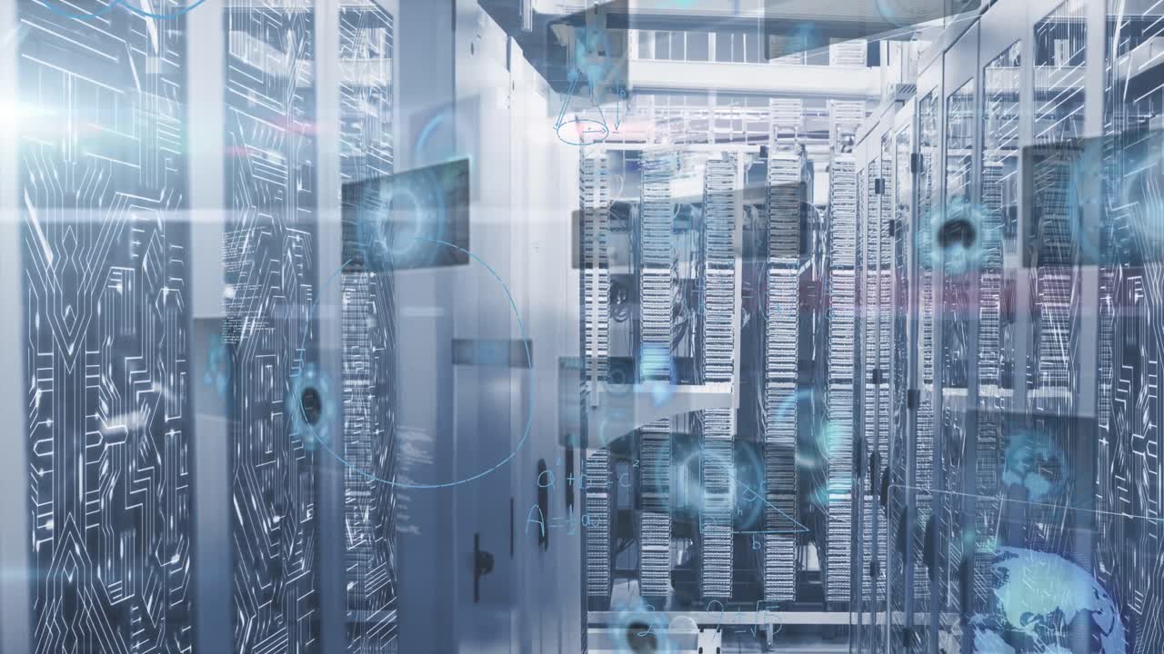 Animation of mathematical equations and data processing against computer server room