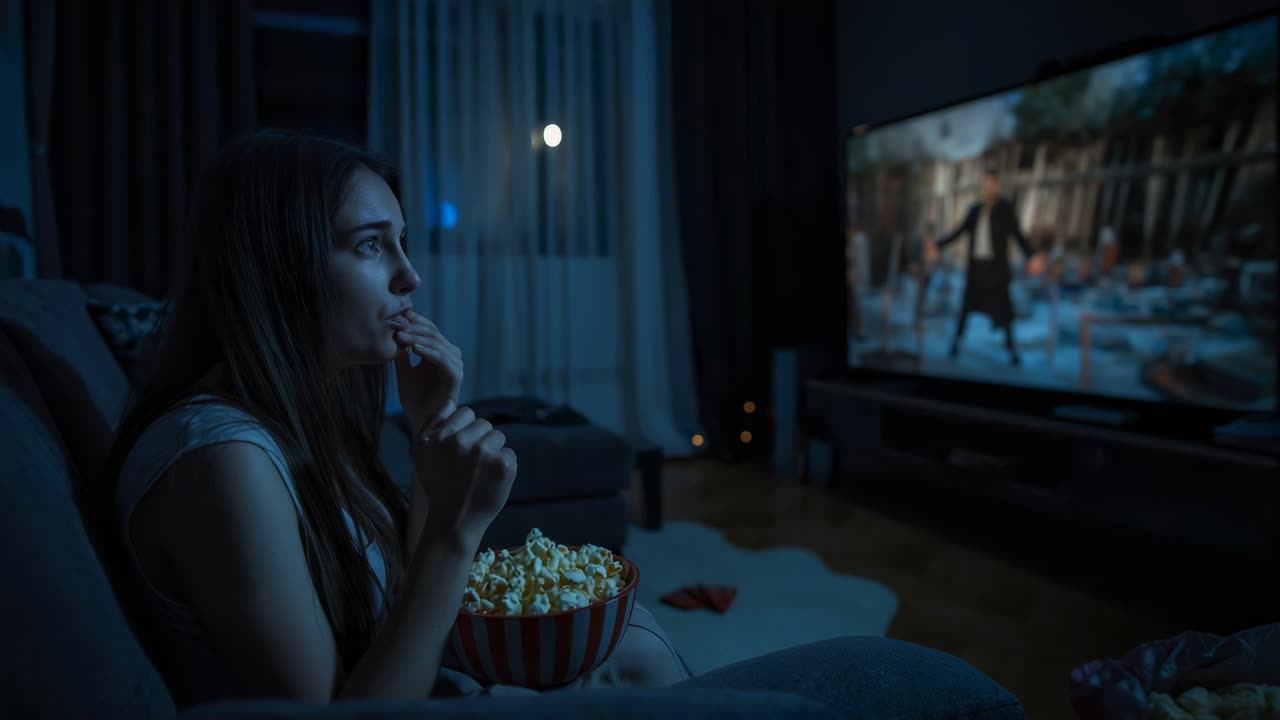 Donna in leggings sul divano in salotto che mangia popcorn e guarda un film, ciotola a righe, spazio per il testo