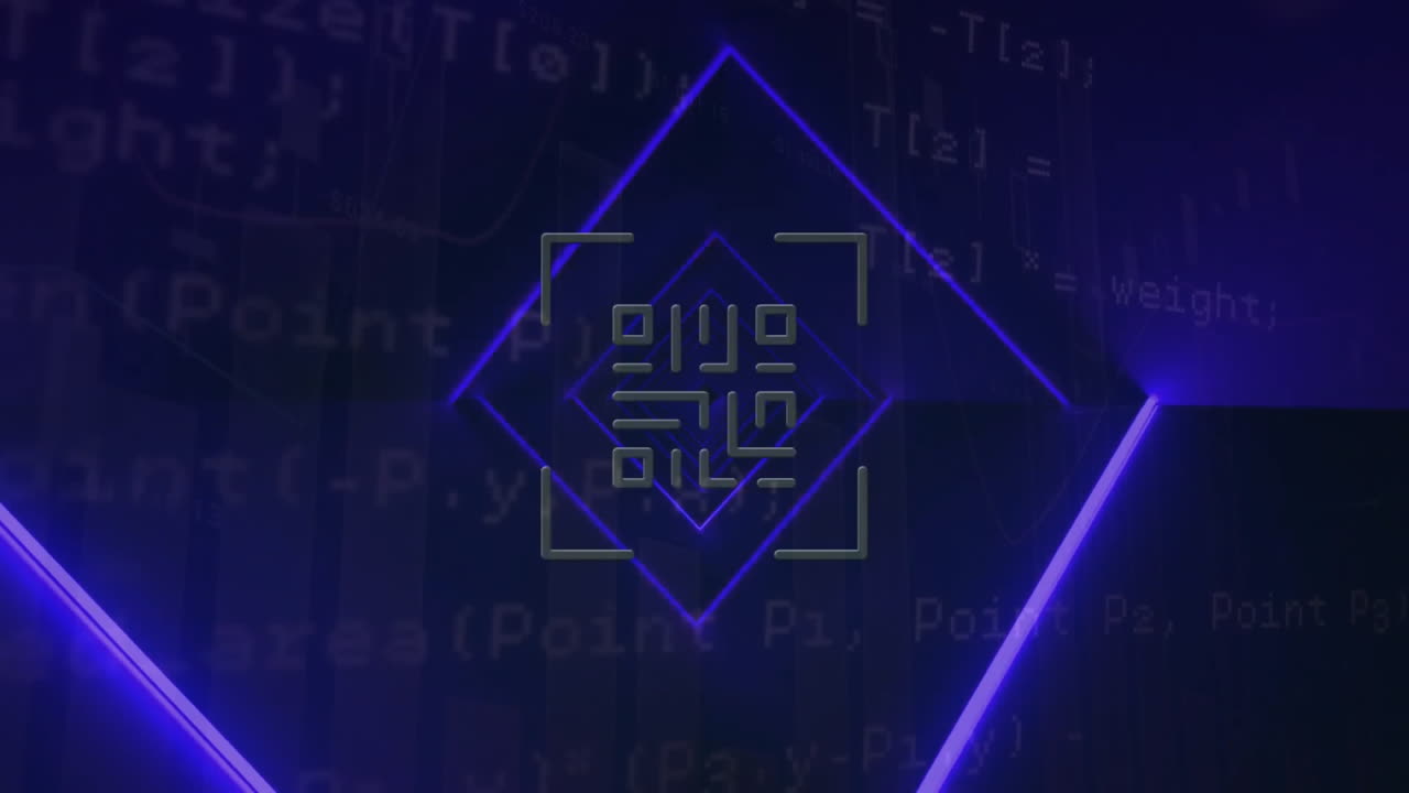 animación del código qr y procesamiento de datos digitales sobre líneas de neón brillantes