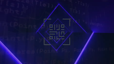 animación del código qr y procesamiento de datos digitales sobre líneas de neón brillantes