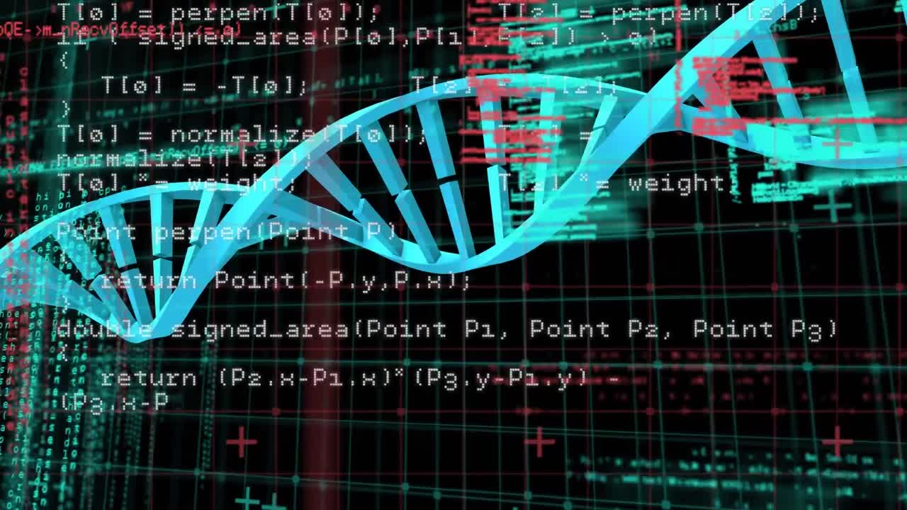 Animation of dna strand and data processing over black background