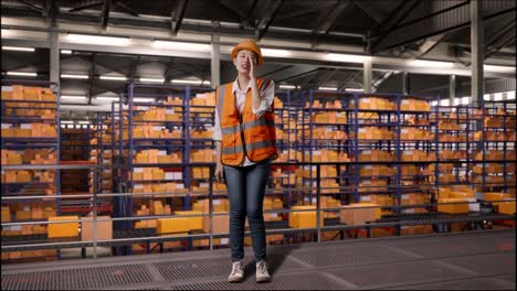 full body of asian female engineer with safety helmet yelling with hand over mouth while standing in the warehouse with shelves full of delivery goods