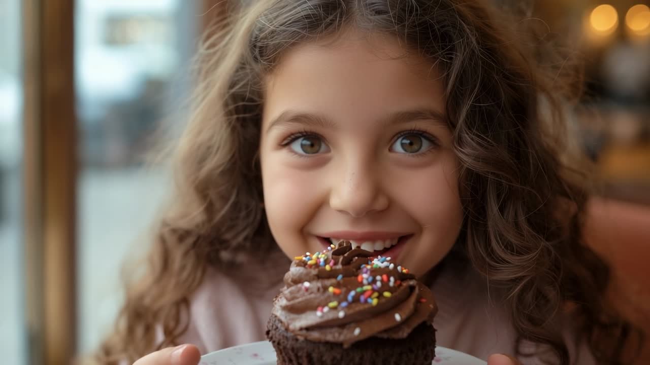 Raising cupcake to nose to smell frosting, girl wearing pink sweater at cafe table