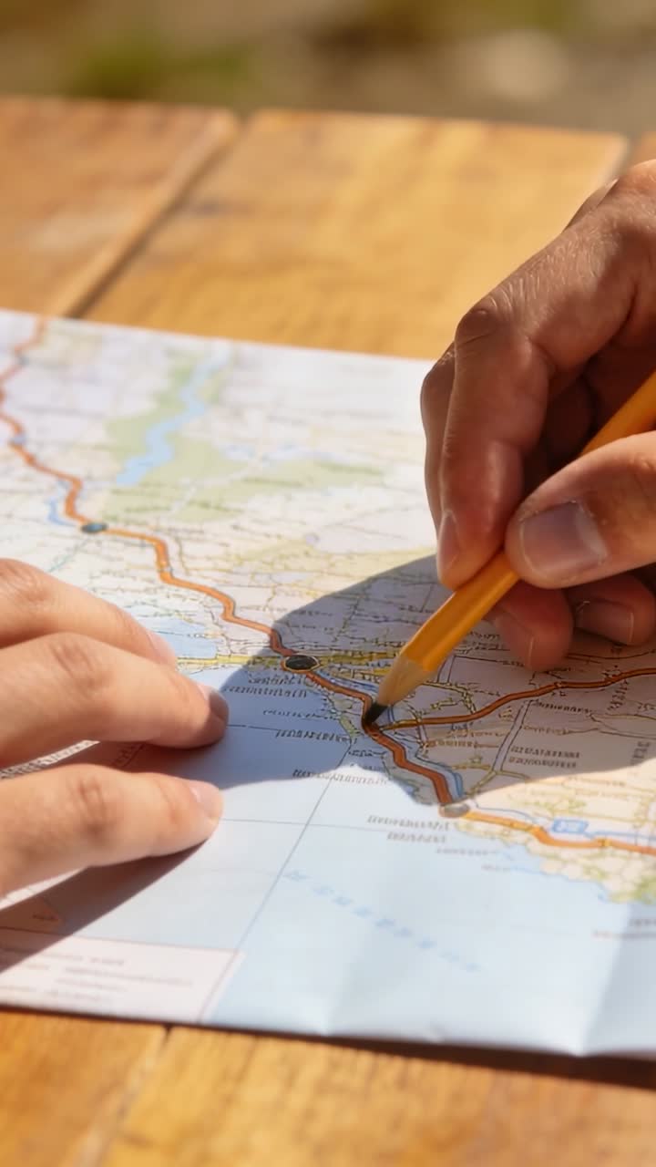Vertical video: Marking map spread, hands, yellow pencil tracing road on wood table, planning trip