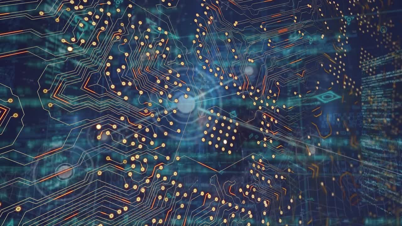 Animation af et integreret kredsløb over forbindelser og data på marineblå baggrund.