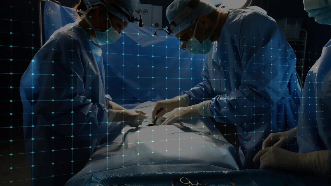Surgical team grabbing scalpel, incising and pulling tissue to treat, ECG overlay pulsing over site