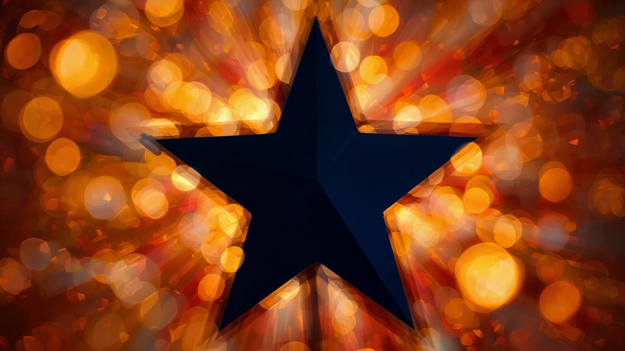 Bokeh expanding as navy 5-pointed star shifting facets in studio for theatre glow triangular base