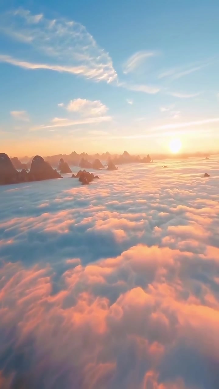 Vista aerea di vette montane che si ergono sopra un mare di nuvole al tramonto