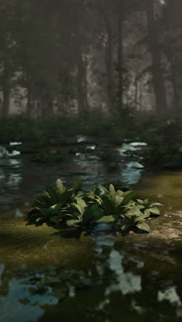 a misty forest with a swampy area