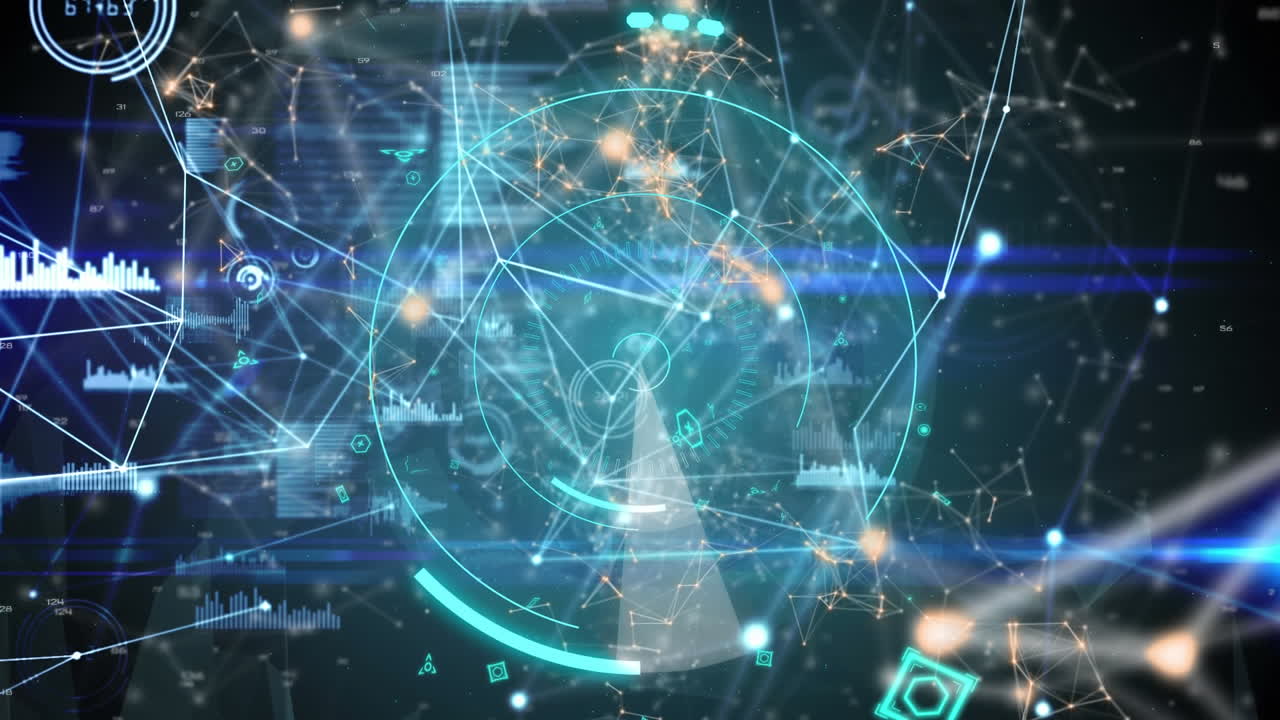 Animation of 5g text over network of connections and data processing