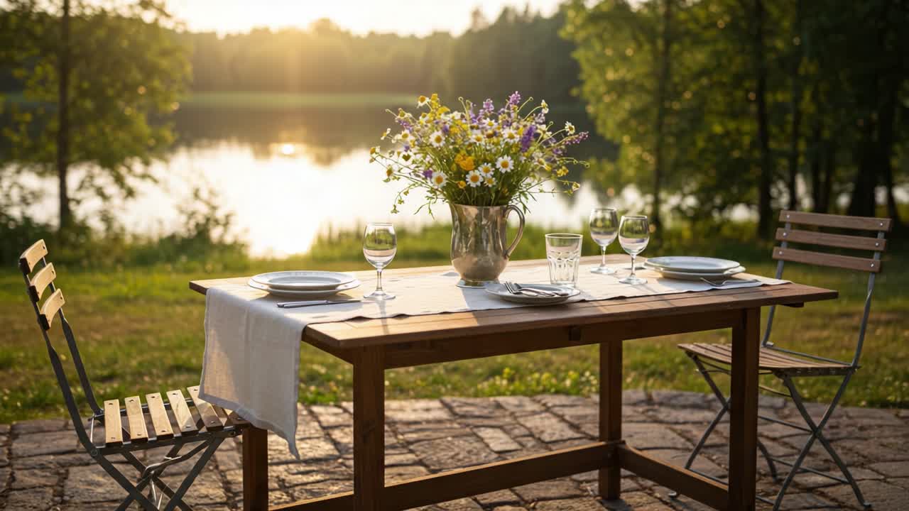 A Serene Sunset Dining Experience by the Lake: A Rustic Table Set with Flowers and Glassware for an Unforgettable Outdoor Meal
