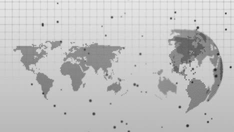 animation of dots moving over world map and rotating globe on grey background