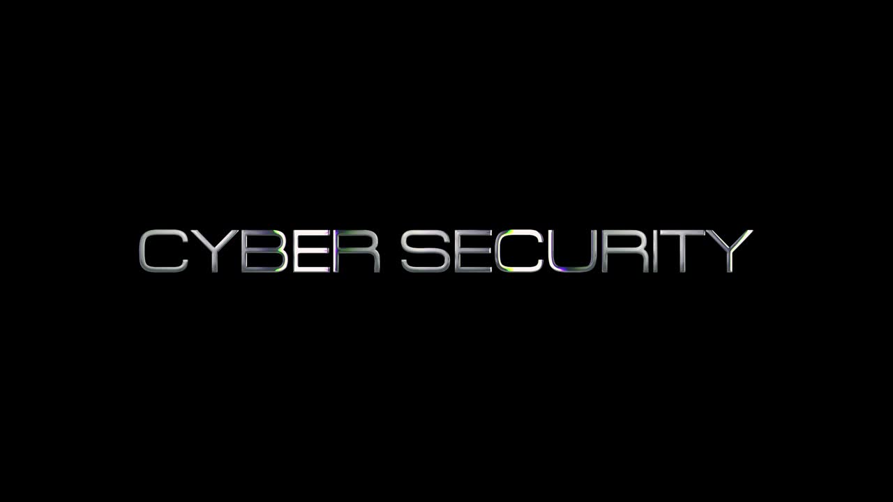 CYBER SECURITY glitch text with light glowing effect. 4K 3D seamless loop Cyber Security silver metallic shine light effect video cover with glitch effect.
