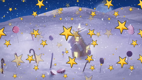 animation of stars, christmas candy canes, snow and house in winter scenery