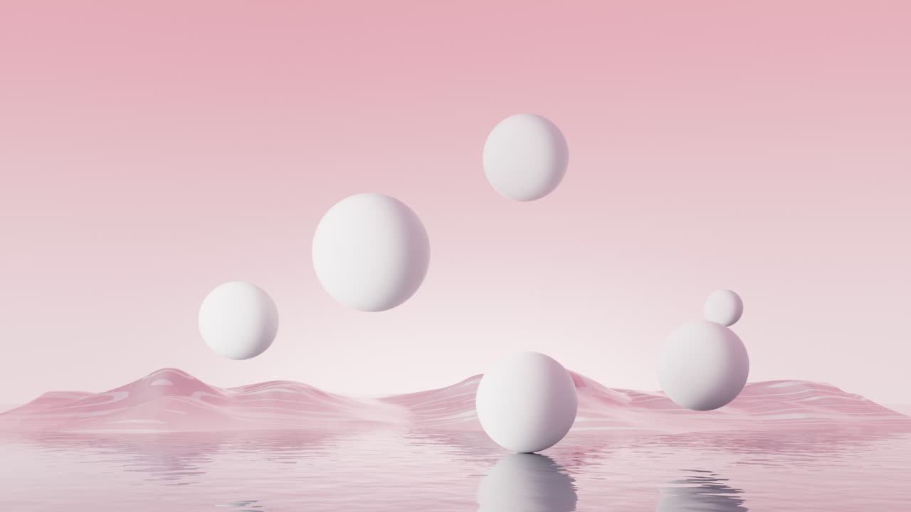 Floating balls and water surface background, 3d rendering.
