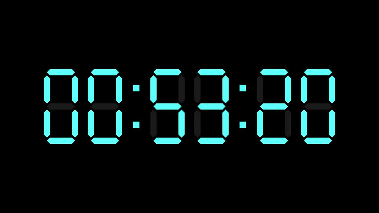 One minute countdown timer of glowing led electronic blue digits.