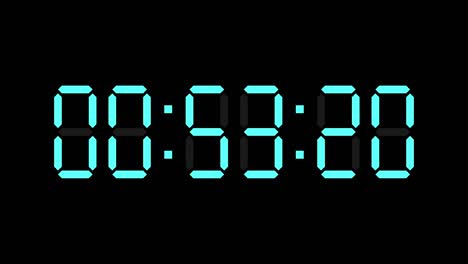 one minute countdown timer of glowing led electronic blue digits.