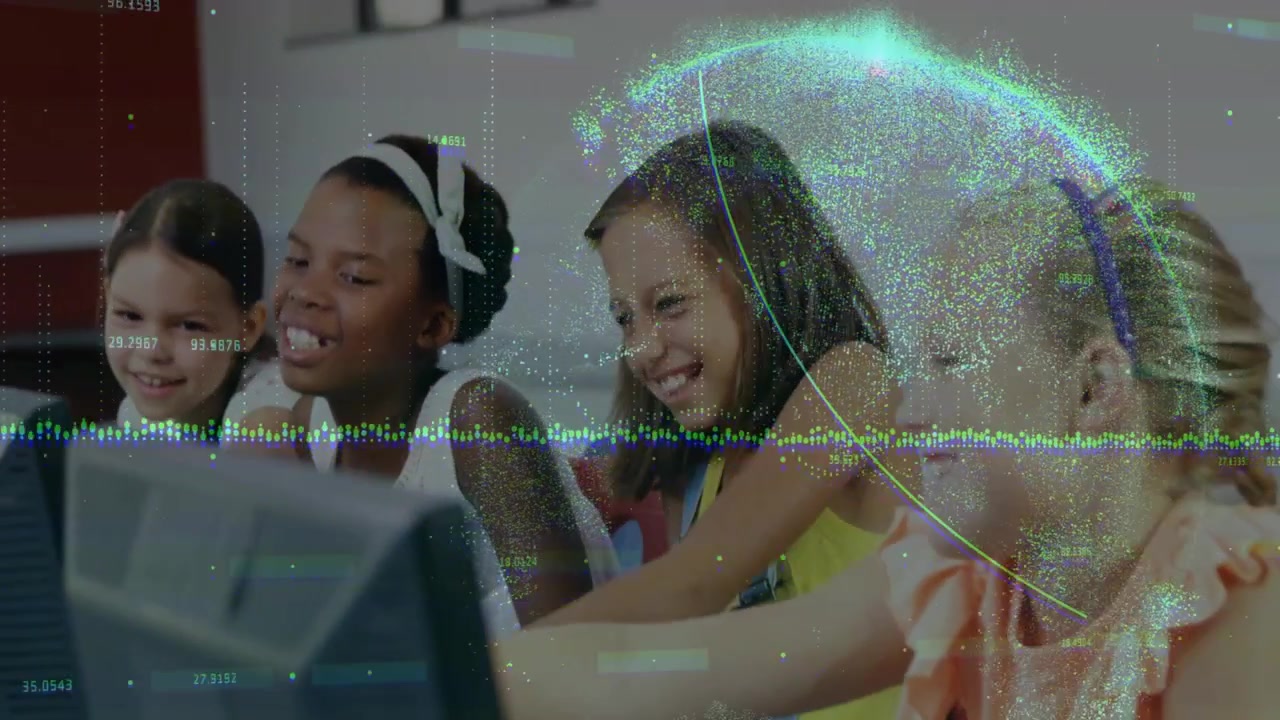 Four students reaching keys and pointing in lab, reacting with globe and waveform overlay growing
