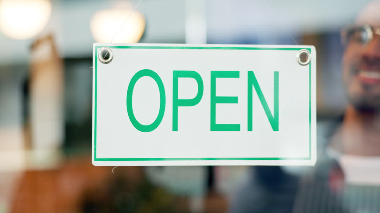 Open sign, window or cafe restaurant man smile