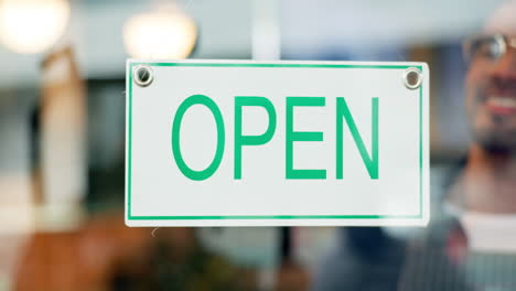 Open-sign,-window-or-cafe-restaurant-man-smile