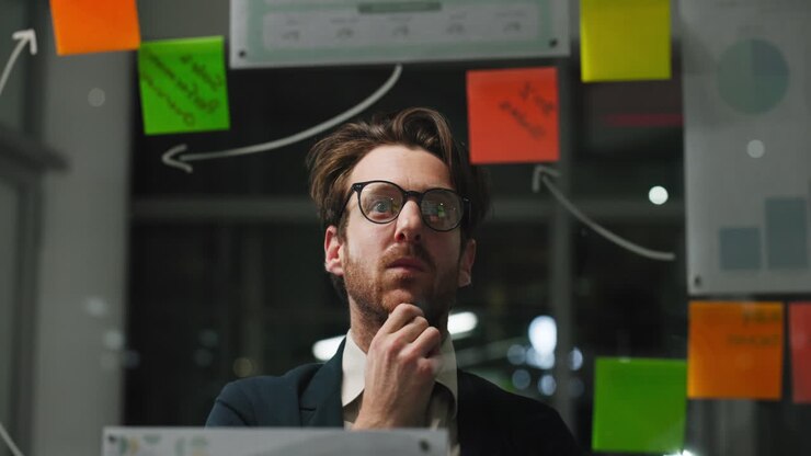 Uomo d'affari concentrato che riflette guardando i post-it su una lavagna di vetro
