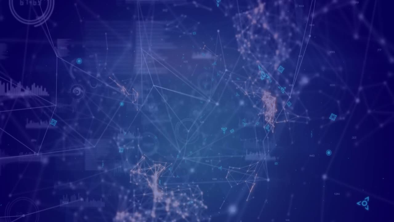 Animation of network of connections and data processing spinning against blue background