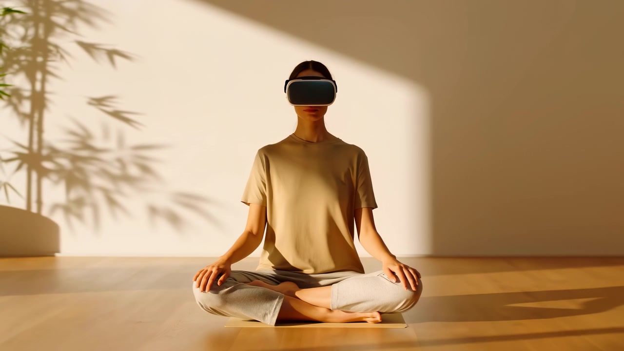 Una donna è seduta a gambe incrociate su un pavimento di legno all'interno di una stanza minimale, indossando un visore per la realtà virtuale sotto una calda luce solare diagonale, con donna, persona, visore, dettaglio virtuale, che mostra la realtà, meditazione.