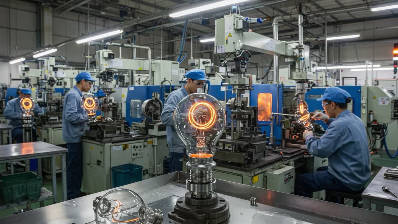 A Dynamic Assembly Line of Skilled Workers Fabricating Innovative Bulbs in a Modern Industrial Factory Environment, Showcasing Precision Engineering and Craftsmanship