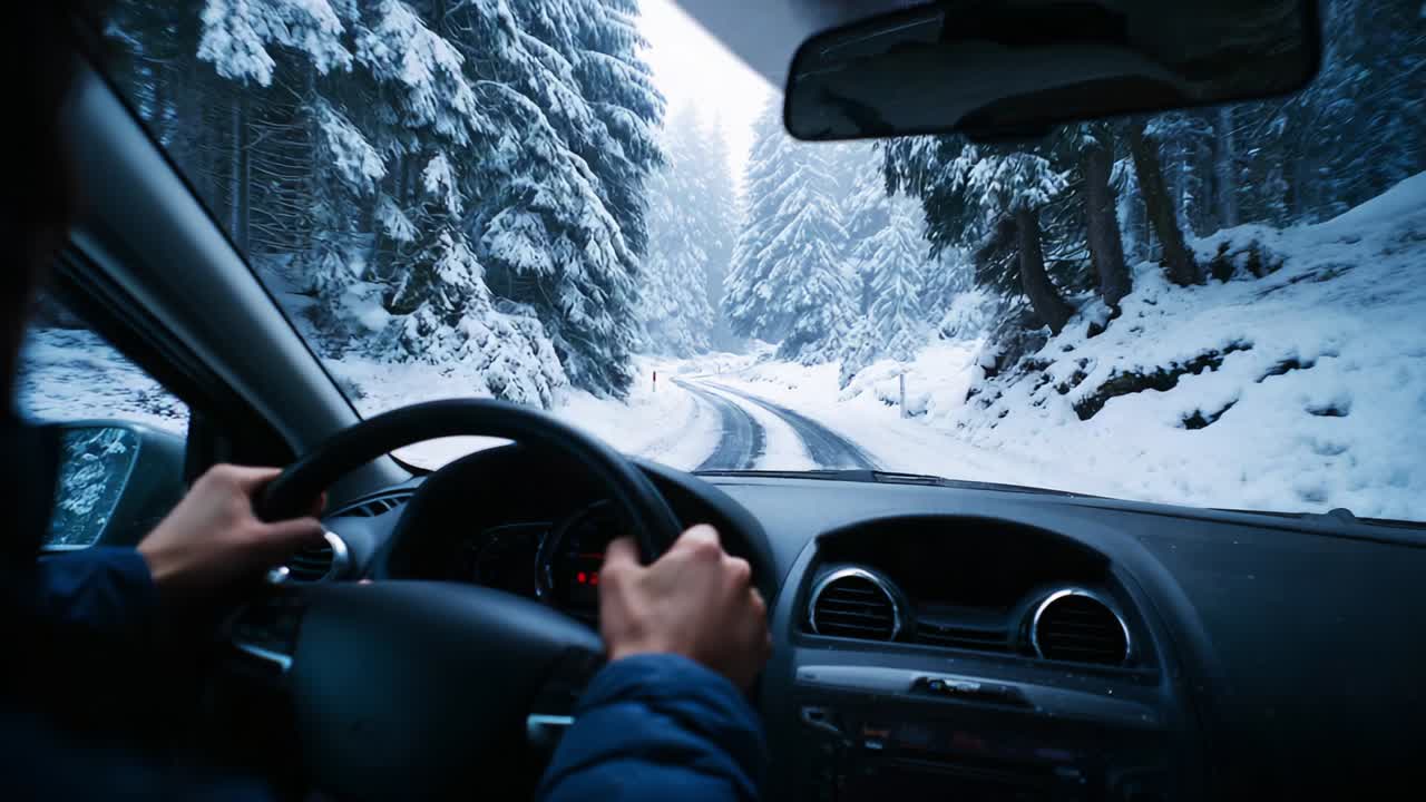 Driving Through a Snowy Landscape: A Journey on a Winter Road Surrounded by Snow-Covered Trees, Experiencing the Tranquility and Beauty of Nature in a Winter Wonderland Setting