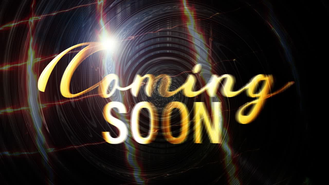 Scifi Movie Trailer Coming Soon Text. 4K 3D render seamless loop futuristic cinematic title of Golden Coming Soon text with flickering energy light pattern on dark abstract technology background.